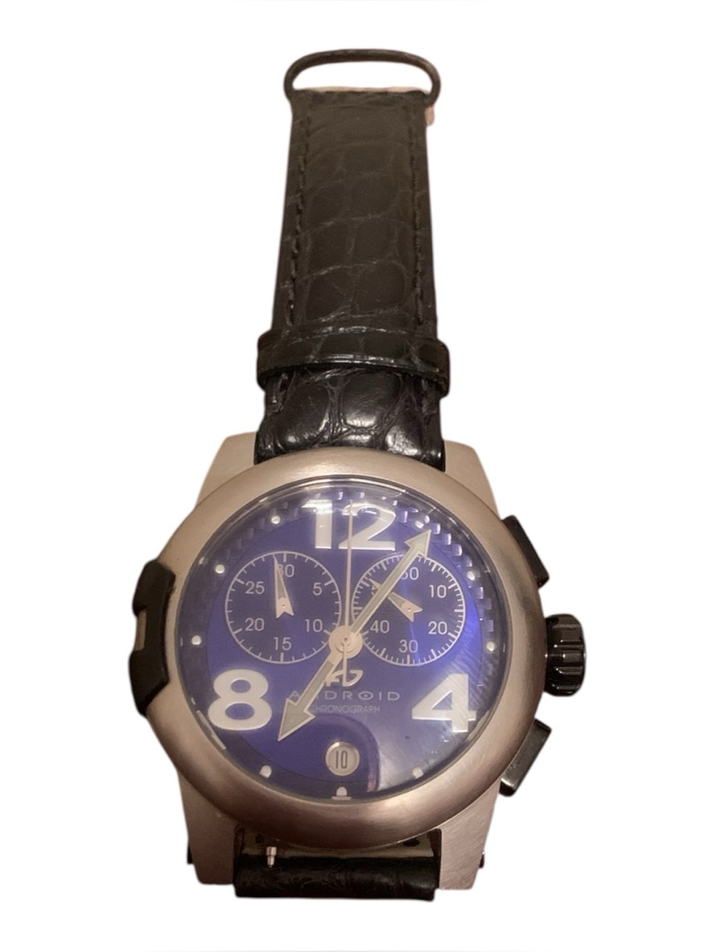 ANDROID Men’s Black Leather Strap Chronograph Watch with Blue Purple Dial